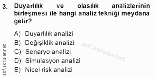 3. soru: Duyarlılık ve olasılık analizlerinin birleşmesi ile hangi analiz tekniği meydana gelir? A) Duyarlılık analizi B) Deği…