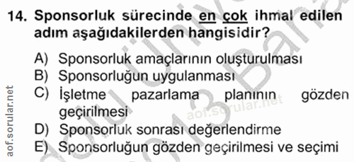 14. soru: Sponsorluk sürecinde en çok ihmal edilen adım aşağıdakilerden hangisidir? A) Sponsorluk amaçlarının oluşturulması B)…