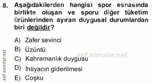 8. soru: Aşağıdakilerden hangisi spor esnasinda birlikte oluşan ve sporu diğer tüketim ürünlerinden ayıran duygusal durumlarda…
