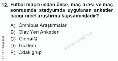 12. soru: Futbol maçlarından önce, maç arası ve maç sonrasında stadyumda uygulanan anketler hangi nicel araştırma kapsamındadır…