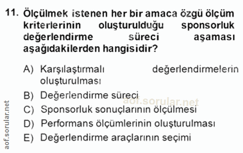 11. soru: Ölçülmek istenen her bir amaca özgü ölçüm kriterlerinin oluşturulduğu sponsorluk değerlendirme süreci aşaması aşağıda…