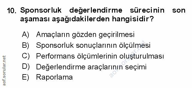 10. soru: Sponsorluk degerlendirme sürecinin son aşaması aşağıdakilerden hangisidir? A) Amaçların gözden geçirilmesi B) Sponsor…