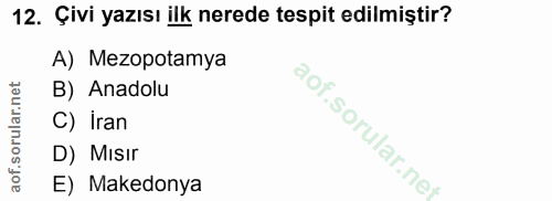 12. soru: Çivi yazısı ilk nerede tespit edilmiştir? A) Mezopotamya B) Anadolu C) İran D) Mısır E) Makedonya
