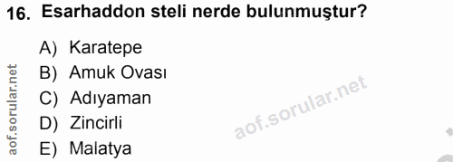 16. soru: Esarhaddon steli nerde bulunmuştur? A) Karatepe B) Amuk Ovası C) Adıyaman D) Zincirli E) Malatya