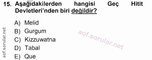15. soru: Aşağıdakilerden hangisi Geç Hitit Devletleri'nden biri değildir? A) Melid B) Gurgum C) Kizzuwatna D) Tabal E) Que