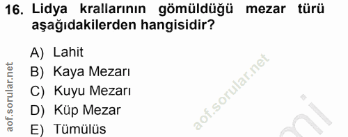 16. soru: Lidya krallarının gömüldüğü mezar türü aşağıdakilerden hangisidir? A) Lahit B) Kaya Mezarı C) Kuyu Mezarı D) Küp Meza…