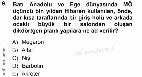 9. soru: Batı Anadolu ve Ege dünyasında MÖ üçüncü bin yıldan itibaren kullanılan, önde, dar kısa taraflarında bir giriş holü v…