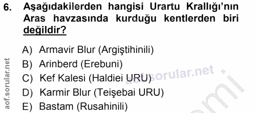 6. soru: Aşağıdakilerden hangisi Urartu Krallığı'nın Aras havzasında kurduğu kentlerden biri değildir? A) Armavir Blur (Argişt…