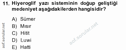 11. soru: Hiyeroglif yazı sisteminin doğup geliştiği medeniyet aşağıdakilerden hangisidir? A) Sümer B) Mısır C) Hitit D) Luwi E…