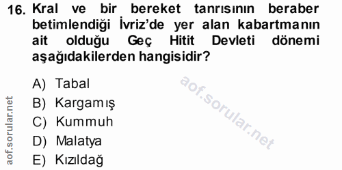 16. soru: Kral ve bir bereket tanrısının beraber betimlendiği İvriz'de yer alan kabartmanın ait olduğu Geç Hitit Devleti dönemi…