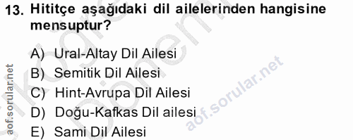 13. soru: Hititçe aşağıdaki dil ailelerinden hangisine mensuptur? A) Ural-Altay Dil Ailesi B) Semitik Dil Ailesi .sorular.ne C)…