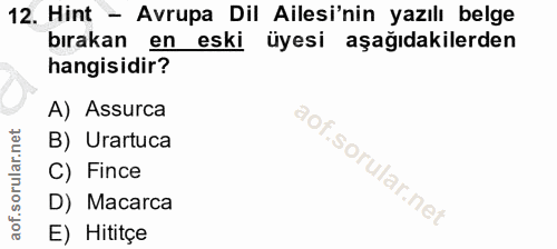 12. soru: Hint - Avrupa Dil Ailesi'nin yazılı belge bırakan en eski üyesi aşağıdakilerden hangisidir? A) Assurca B) Urartuca C)…