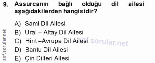 9. soru: Assurcanın bağlı olduğu dil ailesi aşağıdakilerden hangisidir? A) Sami Dil Ailesi B) Ural - Altay Dil Ailesi C) Hint-…