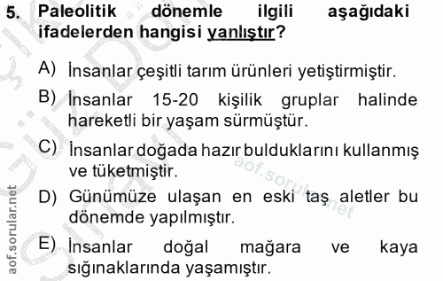 5. soru: Paleolitik dönemle ilgili aşağıdaki ifadelerden hangisi yanlıştır? A) Insanlar çeşitli tarım ürünleri yetiştirmiştir.…