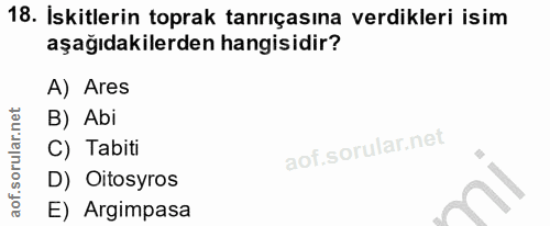 18. soru: Iskitlerin toprak tanrıçasına verdikleri isim aşağıdakilerden hangisidir? A) Ares B) Abi C) Tabiti D) Oitosyros E) Ar…