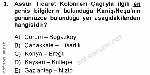 3. soru: Assur Ticaret Kolonileri Çağı'yla ilgili en geniş bilgilerin bulunduğu Kaniş/Neşa'nın günümüzde bulunduğu yer aşağıda…