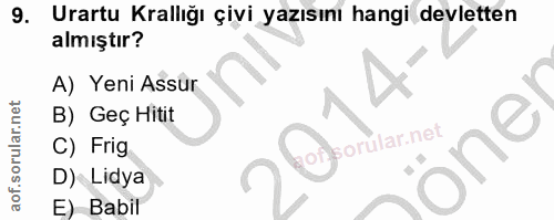 9. soru: Urartu Krallığı çivi yazısını hangi devletten almıştır? A) Yeni Assur B) Geç Hitit sorülar.net C) Frig öne D) Lidya E…