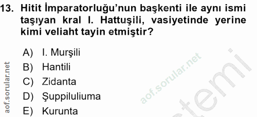 13. soru: Hitit İmparatorluğu'nun başkenti ile aynı ismi taşıyan kral I. Hattuşili, vasiyetinde yerine kimi veliaht tayin etmiş…