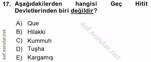 17. soru: Aşağıdakilerden hangisi Geç Hitit Devletlerinden biri değildir? A) Que B) Hilakki C) Kummuh D) Tuşha E) Kargamış