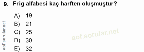 9. soru: Frig alfabesi kaç harften oluşmuştur? A) 19 B) 21 C) 25 D) 30 E) 32