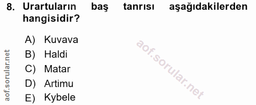 8. soru: Urartuların bas tanrısı aşağıdakilerden hangisidir? A) Kuvava B) Haldi C) Matar D) Artimu E) Kybele