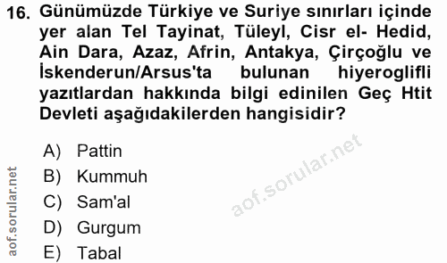 16. soru: Günümüzde Türkiye ve Suriye sınırları içinde yer alan Tel Tayinat, Tüleyl, Cisr el- Hedid, Ain Dara, Azaz, Afrin, Ant…