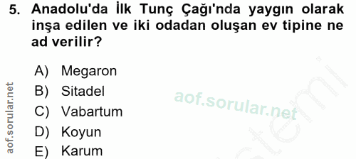 5. soru: Anadolu'da ilk Tunç Çağı'nda yaygın olarak inşa edilen ve iki odadan oluşan ev tipine ne ad verilir? A) Megaron B) Si…