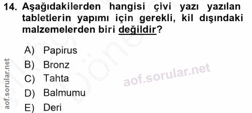 14. soru: Aşağıdakilerden hangisi çivi yazı yazılan tabletlerin yapımı için gerekli, kil dışındaki malzemelerden biri değildir?…