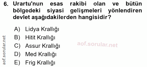 6. soru: Urartu'nun esas rakibi olan ve bütün bölgedeki siyasi gelişmeleri yönlendiren devlet aşağıdakilerden hangisidir? A) L…
