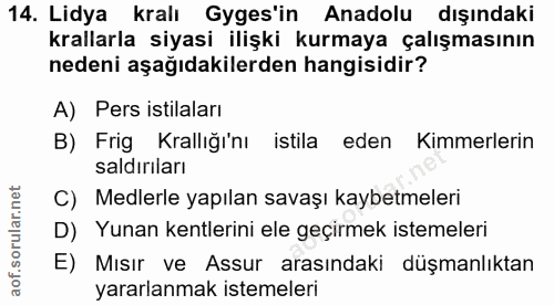 14. soru: Lidya kralı Gyges'in Anadolu dışındaki krallarla siyasi ilişki kurmaya çalışmasının nedeni aşağıdakilerden hangisidir…