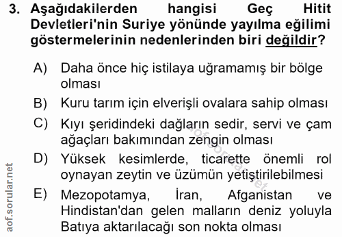 3. soru: Aşağıdakilerden hangisi Geç Hitit Devletleri'nin Suriye yönünde yayılma eğilimi göstermelerinin nedenlerinden biri de…