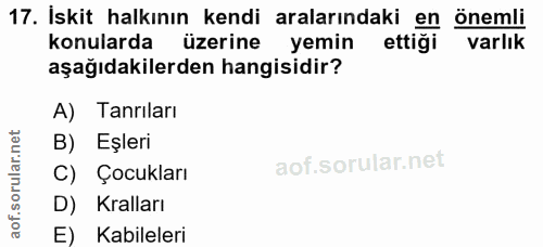 17. soru: İskit halkının kendi aralarındaki en önemli konularda üzerine yemin ettiği varlık aşağıdakilerden hangisidir? A) Tanr…