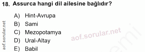 18. soru: Assurca hangi dil ailesine bağlıdır? A) Hint-Avrupa B) Sami C) Mezopotamya D) Ural-Altay E) Babil
