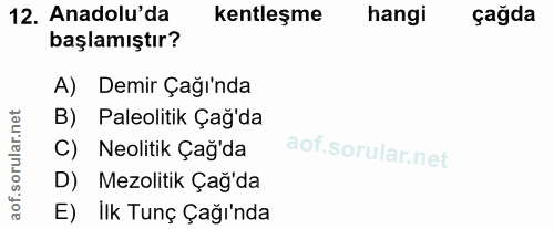 12. soru: Anadolu'da kentleşme hangi çağda başlamıştır? A) Demir Çağı'nda B) Paleolitik Çağ'da C) Neolitik Çağ'da D) Mezolitik…