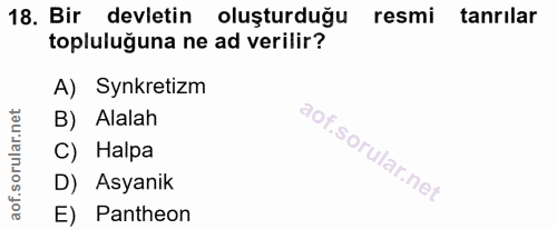 18. soru: Bir devletin oluşturduğu resmi tanrilar topluluğuna ne ad verilir? A) Synkretizm B) Alalah C) Halpa D) Asyanik E) Pan…