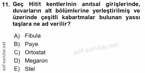 11. soru: Geç Hitit kentlerinin anıtsal girişlerinde, duvarların alt bölümlerine yerleştirilmiş ve üzerinde çeşitli kabartmalar…