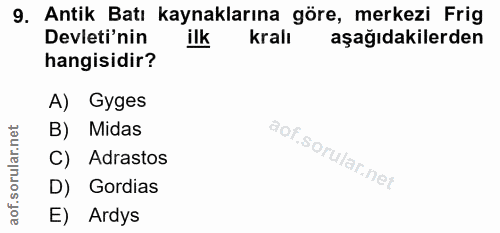 9. soru: Antik Batı kaynaklarına göre, merkezi Frig Devleti'nin kralı aşağıdakilerden hangisidir? A) Gyges B) Midas C) Adrasto…