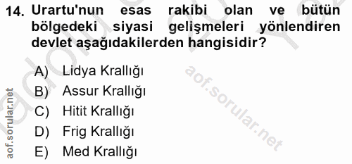 14. soru: Urartu'nun esas rakibi olan ve bütün bölgedeki siyasi gelişmeleri yönlendiren devlet aşağıdakilerden hangisidir? A) L…
