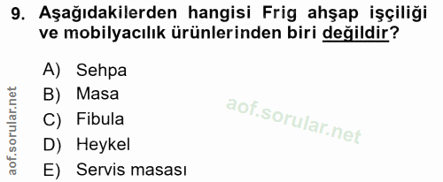 9. soru: Aşağıdakilerden hangisi Frig ahşap işçiliği ve mobilyacılık ürünlerinden biri değildir? A) Sehpa B) Masa C) Fibula D)…