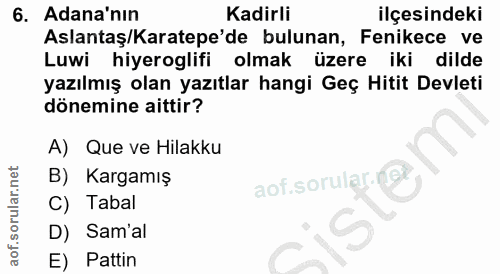 6. soru: Adana'nın Kadirli ilçesindeki Aslantaş/Karatepe'de bulunan, Fenikece ve Luwi hiyeroglifi olmak üzere iki dilde yazılm…
