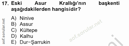 17. soru: Eski Asur Krallığı'nın başkenti aşağıdakilerden hangisidir? A) Ninive B) Assur C) Kültepe D) Kalhu E) Dur-Şarrukin