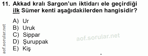 11. soru: Akkad kralı argon'un iktidarı ele geçirdiği ilk Sümer kenti aşağıdakilerden hangisidir? A) Ur B) Uruk C) Sippar D) Şu…