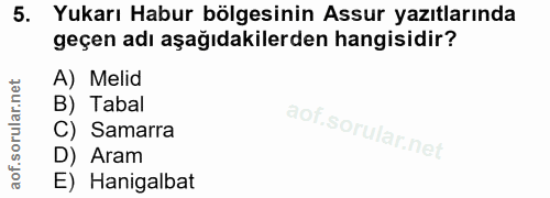 5. soru: Yukarı Habur bölgesinin Assur yazıtlarında geçen adı aşağıdakilerden hangisidir? A) Melid B) Tabal C) Samarra D) Aram…
