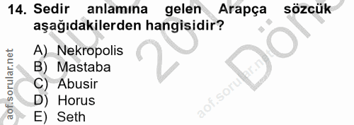 14. soru: Sedir anlamına gelen Arapça sözcük aşağıdakilerden hangisidir? A) Nekropolis B) Mastaba C) Abusir so'° D) Horus E) Seth