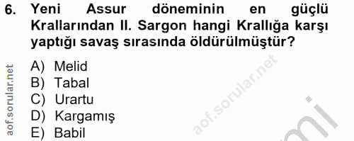 6. soru: Yeni Assur döneminin en güçlü Krallarından II. Sargon hangi Krallığa karşı yaptığı savaş sırasında öldürülmüştür? A)…
