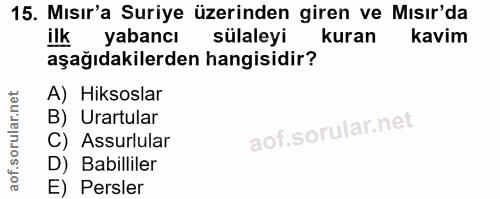 15. soru: Mısır'a Suriye üzerinden giren ve Mısır'da ilk yabancı sülaleyi kuran kavim aşağıdakilerden hangisidir? A) Hiksoslar…