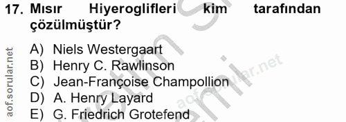 17. soru: MIsir Hiyeroglifleri kim tarafından çözülmüştür? A) Niels Westergaart c.net B) Henry C. Rawlinson C) Jean-Françoise C…