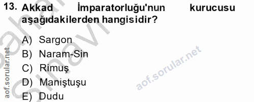 13. soru: Akkad Imparatorluğu'nun kurucusu aşağıdakilerden hangisidir? A) Sargon B) Naram-Sin C) Rimuş D) Maniştuşu E) Dudu