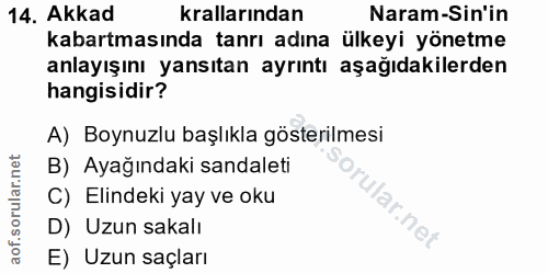 14. soru: Akkad krallarından Naram-Sin'in kabartmasında tanrı adına ülkeyi yönetme anlayışını yansıtan ayrıntı aşağıdakilerden…