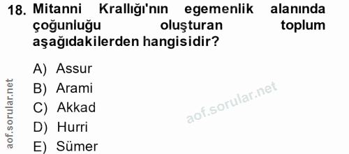 18. soru: Mitanni Krallığı'nın egemenlik alanında çoğunluğu oluşturan toplum aşağıdakilerden hangisidir? A) Assur B) Arami C) A…